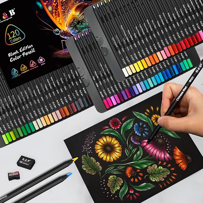 H & B 120-Color Colored Pencils Set with Metallic Colors – Soft Core, Pre-Sharpened Shading & Blending Pencils for Adults, Artists & Beginners, Packed in a Gift Metal Iron Box