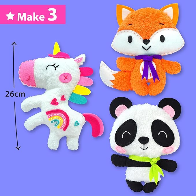 KRAFUN Unicorn Beginner Animal Sewing Kit for Kids Age 7-13 My First Art & Craft, Includes 3 Stuffed Animal Dolls Panda, Fox, Instructions & Plush Felt Materials for Learn to Sew, Embroidery