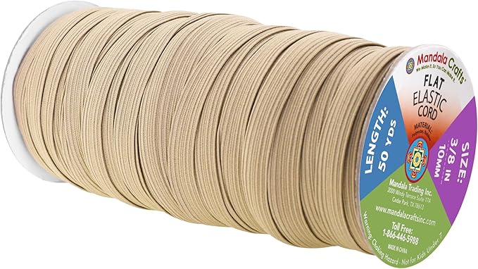 Mandala Crafts 10mm 50 Yds Roll of Khaki Elastic Bands for Sewing - 3/8 Flat Elastics Cord - 3 8 Inch Braided Stretch Straps for Crafting
