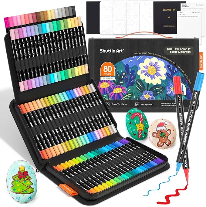 Shuttle Art 80 Colors Dual Tip Acrylic Paint Markers, Brush Tip and Fine Tip Acrylic Paint Pens for Rock Painting, Ceramic, Wood, Canvas, Plastic, Glass, Stone, Calligraphy, Card Making, DIY Crafts