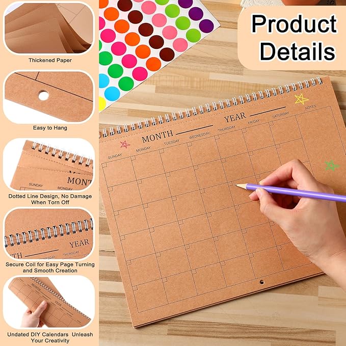 Harloon Blank Scrapbook Wall Calendar Sheets 2026 Undated Monthly Weekly Scrapbook Planner 16 Sheet DIY Blank Custom Calendar with 140 Sticker 12 x 9" Closed 18" Open Size for Office Home(Kraft Brown)