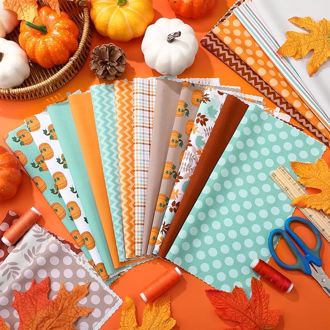 HunnmingRe 20 Pcs 10''x10'' Fall Pumpkin Quilting Fabric Square Thanksgiving Maple Leaf Quiltted Fabric Bundle Multicolor Precuts Printed Patchwork Supplies for Autumn Harvest DIY Sewing Craft