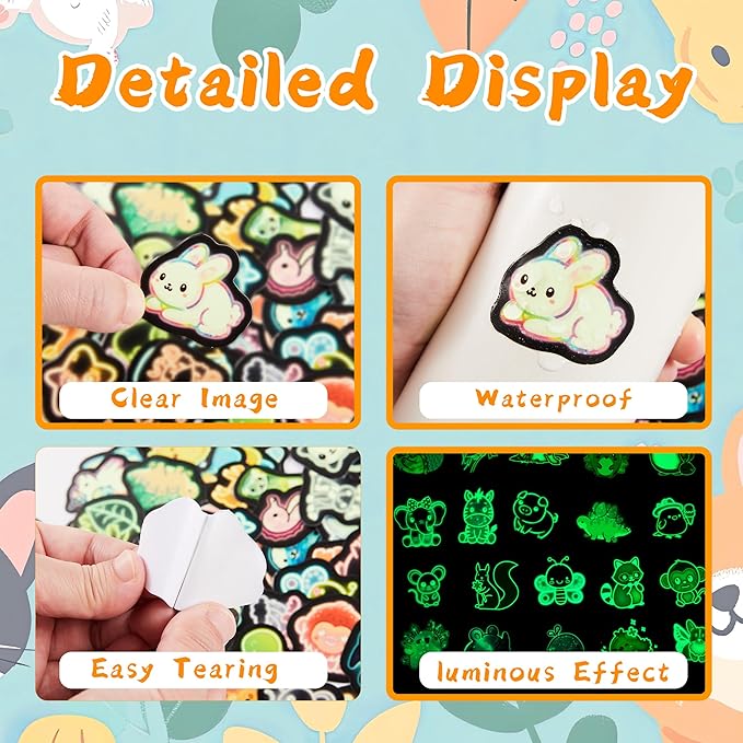 70 Pcs Cartoon Animal Water Bottle Stickers for Kids, Glow in The Dark Cute Neon Vinyl Laptop Decals, Teens Girls Boys Adults Phone Case Skateboard Luggage Decor