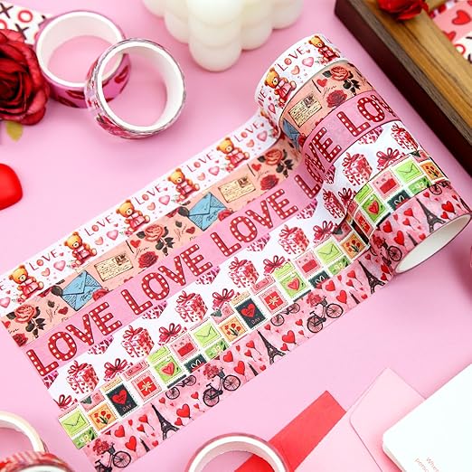 12 Rolls Valentine's Day Washi Tape Set, Pink & Red Hearts Decorative Tape Love Letters Roses Masking Tape for Journaling Supplies, Junk Journal, Scrapbooking, DIY Arts & Crafts, Gift Wrapping