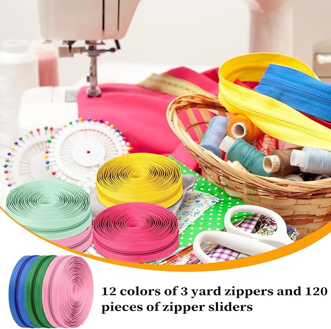 Syhood 36 Yards 12 Pieces #5 Sewing Zippers Tapes Assorted Nylon Lightweight with 120 Plastic Zipper Sliders for Women Men Sewing Supplies(Memphis Color)
