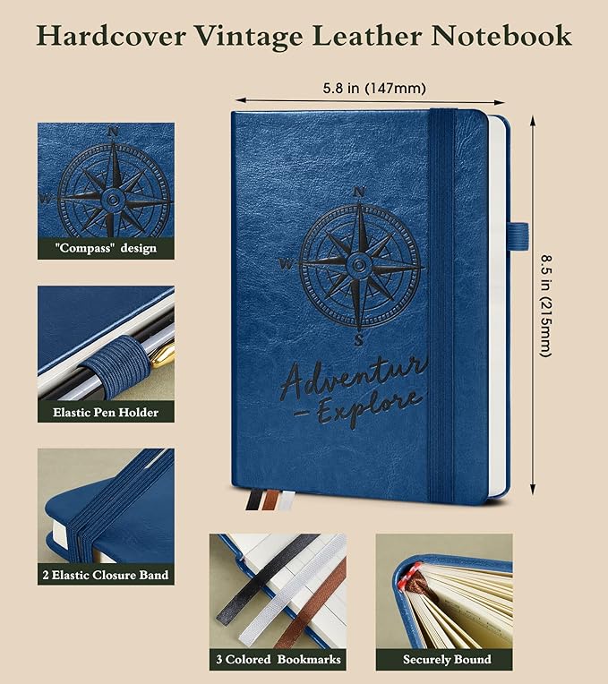 Lined Journal Notebook for Women Men, 160 Pages, A5 Hardcover Vintage Leather Journaling Notebooks for Work, School, Note Taking, Travel, Bible Study, Daily Diary for Writing 5.8"x8.5" (Navy)
