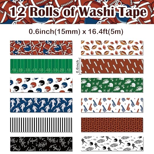 12 Rolls Football Washi Tape Sports Rugby Masking Tape Sport Decorative Tape for Scrapbook Journaling DIY Art Craft Party Decor Gifts Wrapping 16.4FT