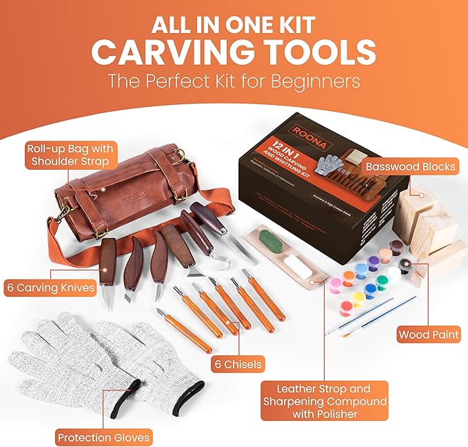 ROONA Wood Carving Kit, 24Pcs Deluxe Kit with Carving Knives, Chisel Set, Sharpening Compound with Polisher, Gloves, Paint Set & Basswood Blocks – Whittling Knife Set with Rolling PU Leather Case