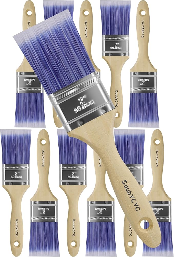 Paint Brushes - 12 Pack, 2" Flat Brushes, Paint Brush Set, Wood Paint Brushes for Walls, Stain & All Oil Paints - Home Improvement - Interior & Exterior Use