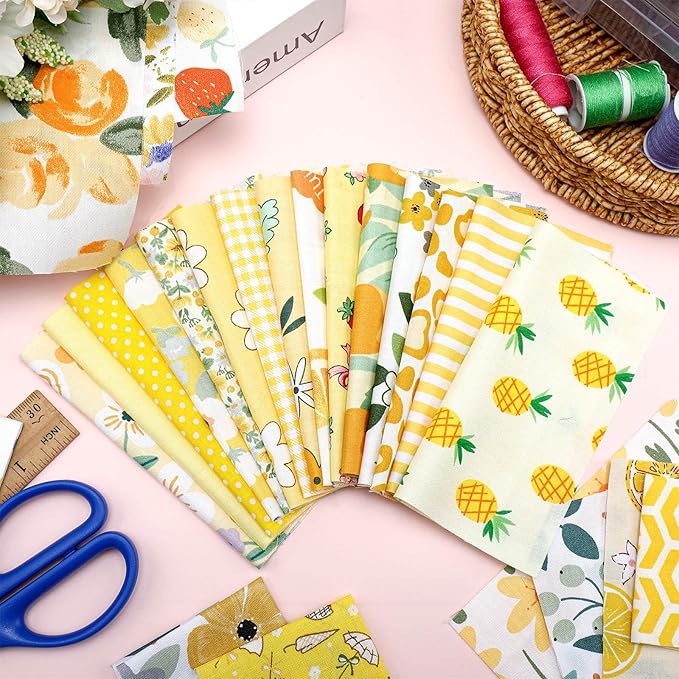 Ganeen 500 Pcs 5 x 5 Inches Cotton Fabric Squares Precut Quilting Fabric Bundles Solid Colors Quilt Material for DIY Craft Sewing Embroidery(Yellow Floral)