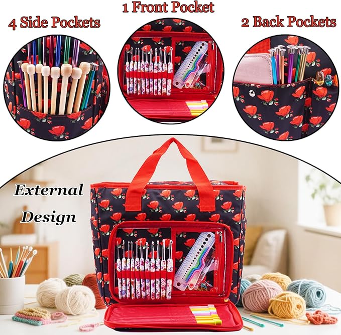 Mdoker Knitting Bags and Totes Organizers Large Crochet Bag Lightweight Yarn Bags for Travel Yarn Storage Organizers for Crochet Hooks,Yarn,Knitting & Crochet Supplies(Red Rose)