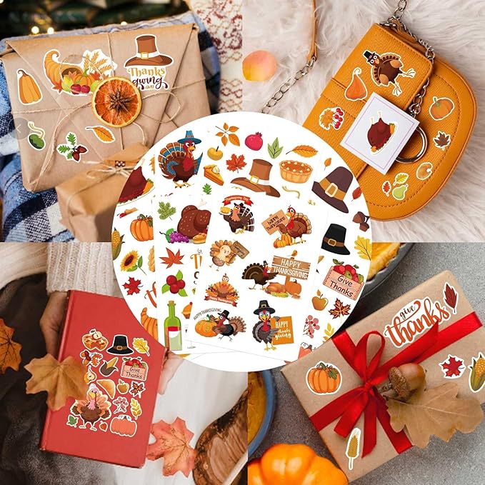 32 Sheets Thanksgiving Stickers, Fall Autumn Sticker Turkey Fall Harvest Food Pumpkin Maple Leaves Stickers, Thanksgiving Party Favors Supplies
