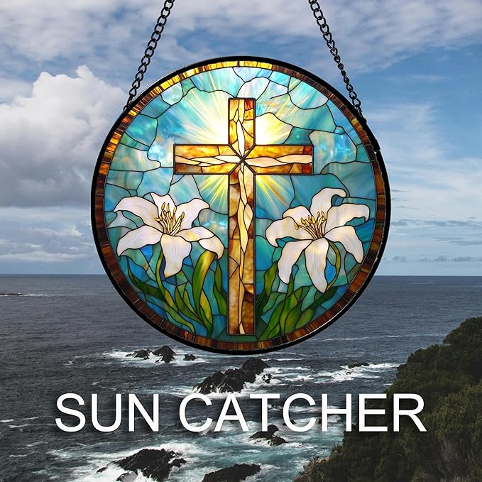 Christian Gifts for Women - Cross Stained Glass Window Hanging Jesus Easter White Lily Flower Sun Catcher Garden Religion Decor Mother's Day Catholic Gift for Men Grandma Mom Her Nana 6.3"
