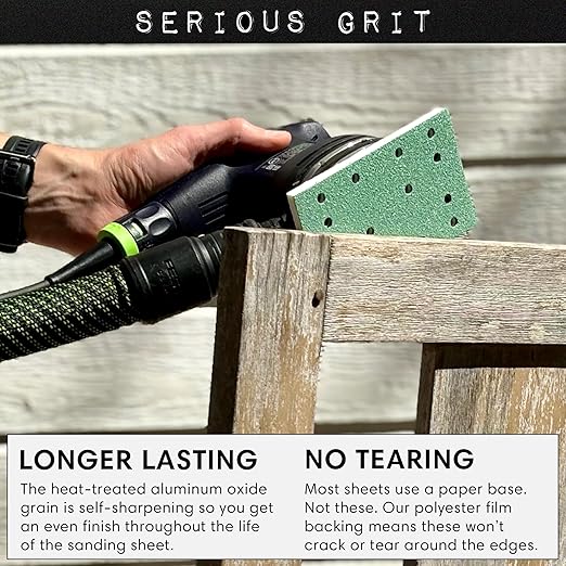Serious Grit - 3" x 5" (80mm x 133mm) 14-Hole 120 Grit Sanding Sheets - Fits Festool RTS 400 & Mirka Deos 353 - Heavy-Duty Hook & Loop Film Abrasives - Sandpaper for Sheet Sanders - 50 Pack Box