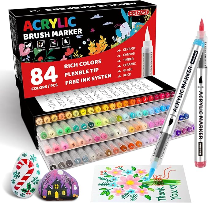 84 Colors Acrylic Paint Markers, Soft Brush Tip Paint Pens and Paint Markers, Acrylic Paint Pens for Wood, Christmas Decorations,Stone,Canvas,Glass, Egg, Rock Painting and Christmas Gift DIY Crafts