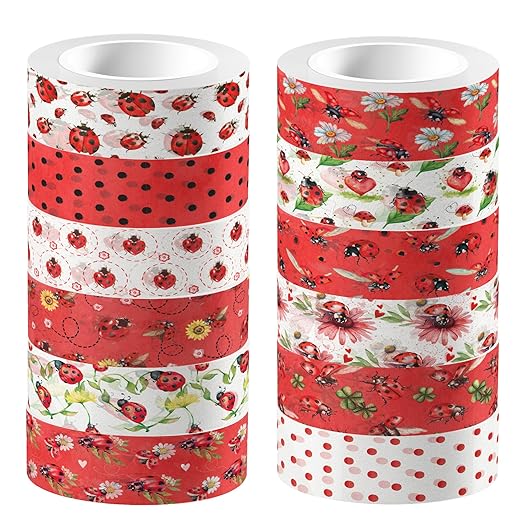12 Pcs Ladybug Washi Tape Ladybug Masking Tape Decorations Decorative Paper Sticker for Insect Flower Reel Party DIY Craft Gift Wrapping Handbook Stickers