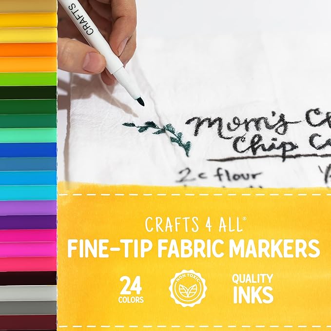 Crafts 4 All Fabric Pens for Clothes - Pack of 24 No Fade, Fabric Markers Permanent for Textile - No Bleed, Machine Washable Shoe Markers for Fabric Decorating - Laundry Marker, Erases Stains Easily