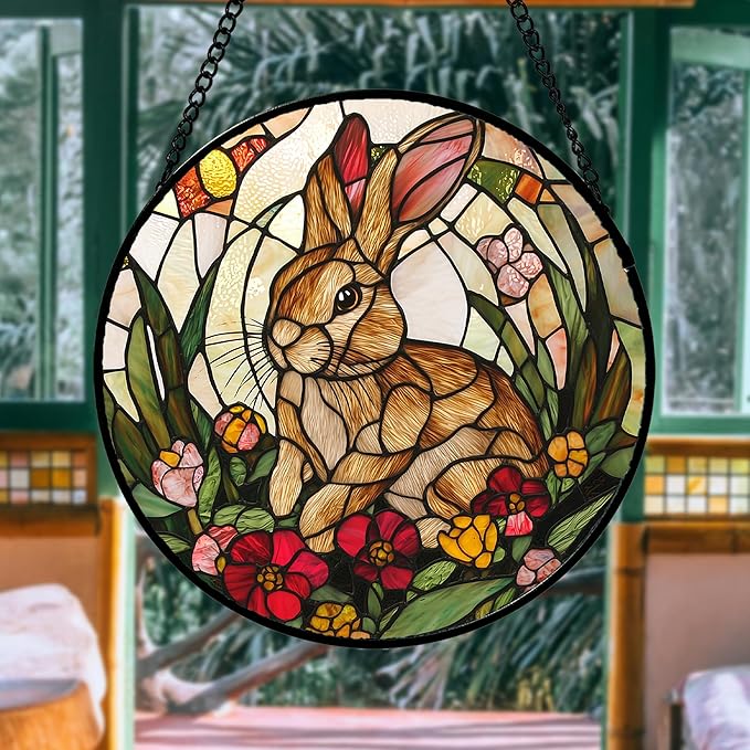 Stained Glass Window Hanging, Cute Bunny Flowers Sun Catcher for Window Door Home Decor, Rabbit Suncatcher Christmas Mother's Day Birthday Gifts for Women Men Mom and Nana 6.3 in