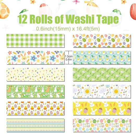 12 Rolls Happy Easter Washi Tape, Green Plaid Floral Masking Tape, Cute Rabbit Egg Decorative Sticker for Scrapbook Journal DIY Craft Birthday Easter Gift Wraps 16.4FT