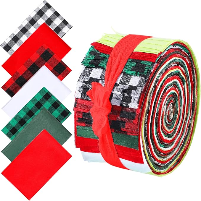 Tegeme 40 Pcs Christmas Jelly Fabric for Quilting, Cotton Buffalo Plaid Patchwork Roll, 2.55 Inch Xmas Roll up Fabric Strips Patchwork roll for Holiday Sewing DIY Crafts (Buffalo Plaid Style)