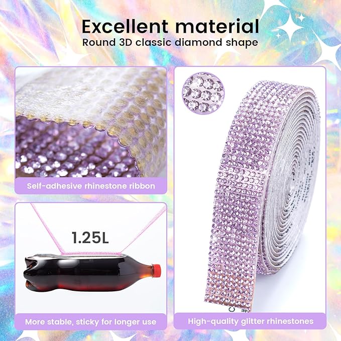 Novani Self Adhesive Rhinestone Ribbon, 1.14 Inch Wide 3 Yards 1 Roll, Purple Crystal Diamond Bling Strips for DIY Crafts, Home Decor, Clothing,Shoes, Car Decoration（Purple）