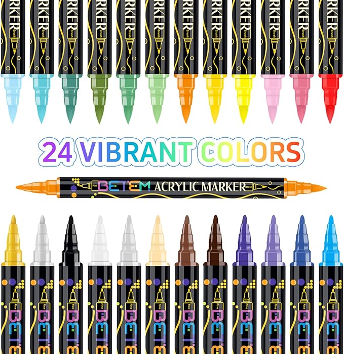 Betem Acrylic Paint Markers, Dual Tip 24 Colors Acrylic Paint Pens with Brush Tip and Fine Point, Art Supplies for Rock, Wood, Canvas, Stone, Glass, Ceramic, Rock Painting Christmas Gift