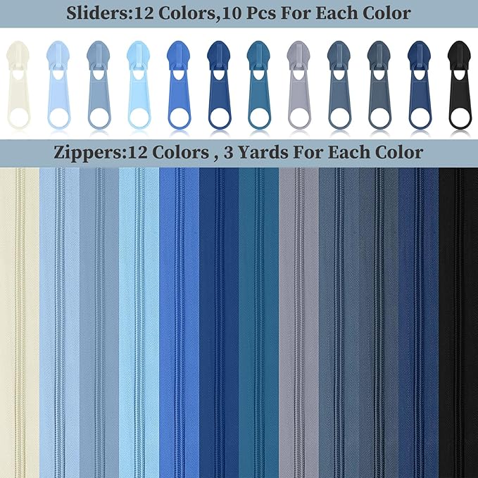 Syhood 36 Yards 12 Pieces #5 Sewing Zippers Tapes Assorted Nylon Lightweight with 120 Plastic Zipper Sliders for Women Men Sewing Supplies(Blue Series)
