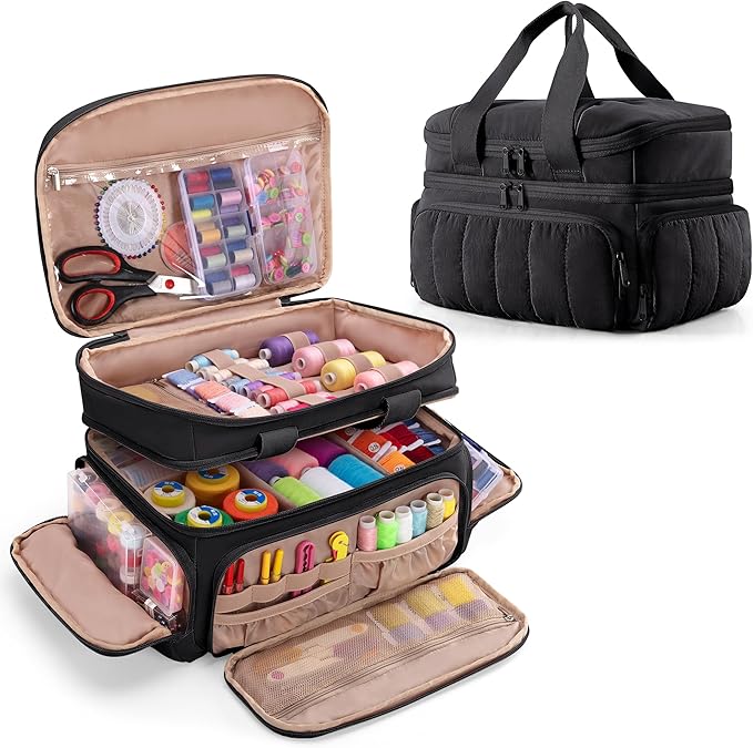 Puffer Sewing Organizer Bag, Large Capacity with Multiple Pockets and Detachable Dividers, Storage Box for Threads, Needles, Scissors, Craft Supplies, Black (BAG ONLY, NO SUPPLIES)