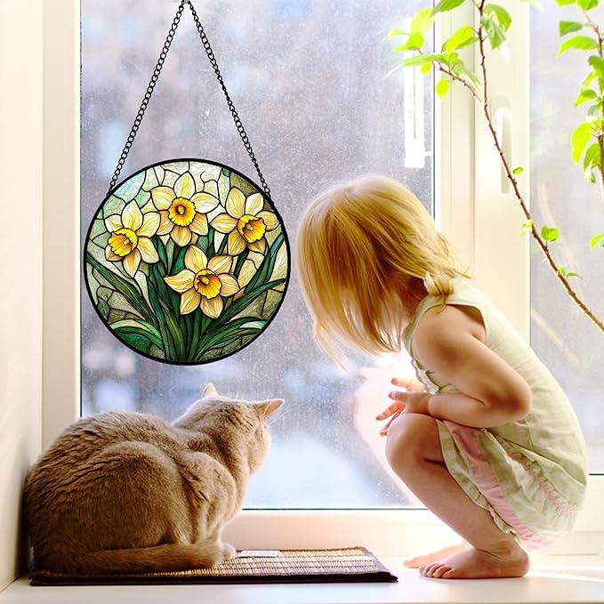 Stained Glass Window Hanging, Daffodil Plant Flowers Sun Catchers Diamond Glass Panel Hangings Suncatcher Decor for Birthday for Women, Men, Wife, Aunt, and Mom 7.8 in