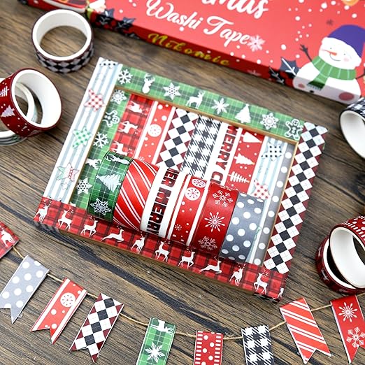 Christmas Washi Tape Set,12 Rolls Red Black Green Plaids Holiday Decorative Tape Xmas Tree Snowflake Elk Masking Tape for Journaling Supplies,Journal, Scrapbooking, Arts & Crafts,Gift Wrapping