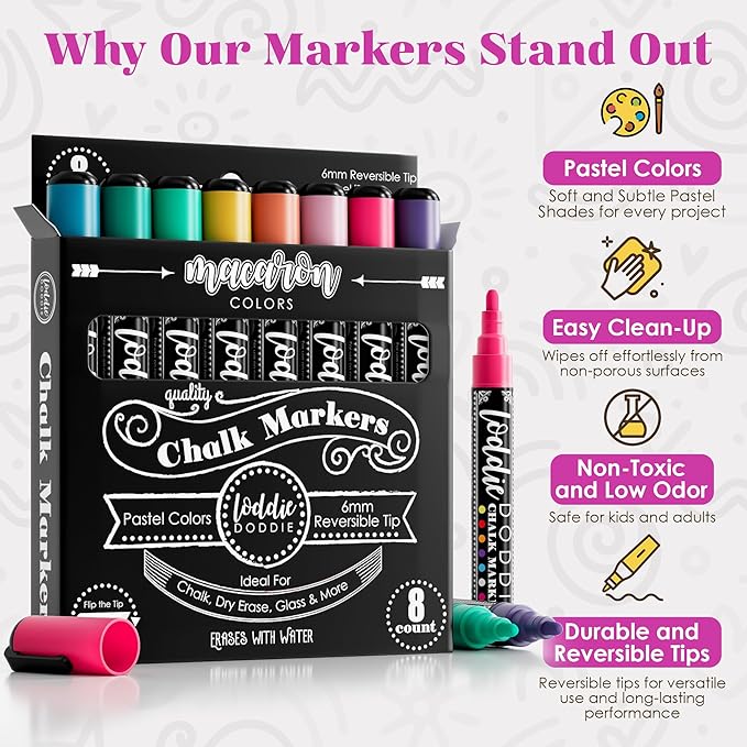 Loddie Doddie Liquid Chalk Markers - Pack of 8, Macaron Pastel, 6mm Point - Dual Tips for Chalk Pens - Versatile on Glass & Acrylic with Acrylic Markers