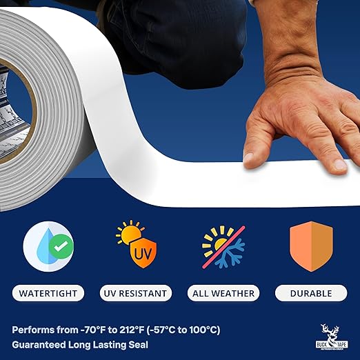 Buck RV Roof Sealant Tape – 3 Inch x 55ft, 40 Mil – Waterproof RV Tape for Roof Repair, Seams, Skylights, Vents & Window Leaks on Camper, Trailer & Boat, UV Resistant & Weatherproof, White, 1 Pack