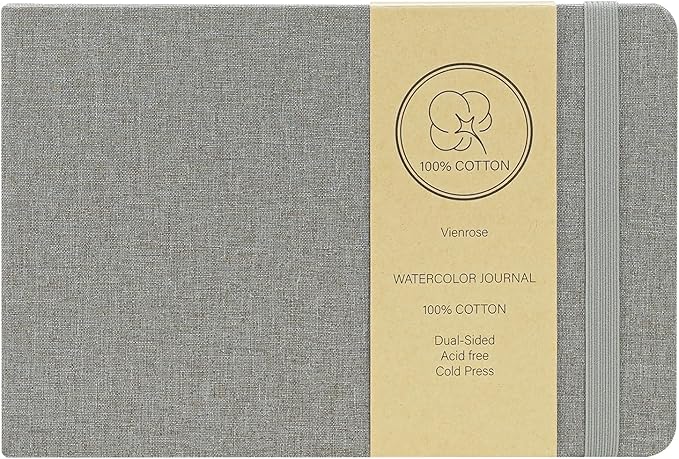 Vienrose Watercolor Sketchbook, 5.5"x3.5" Watercolor Journal with 24 Sheets 140 LB (300 GSM) 100% Cotton Watercolor Paper, Grey Linen Cover Water Coloring Sketch Book As Travel Notebook