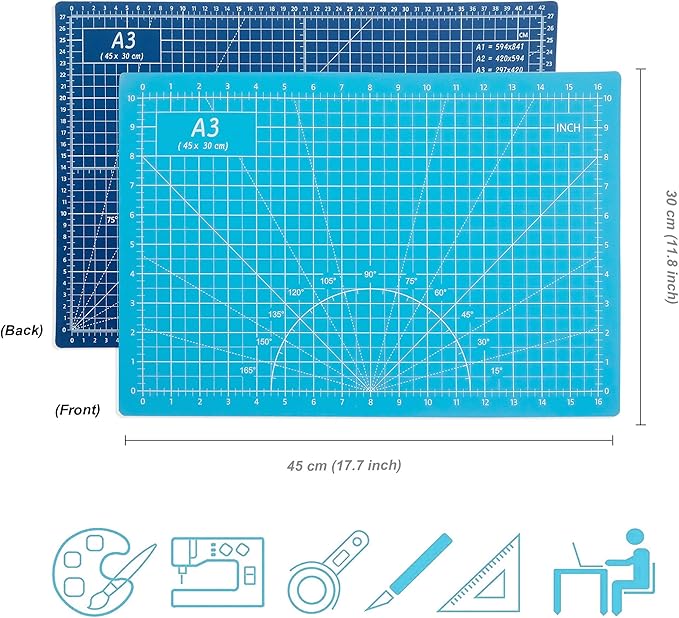 TCAIRG Self Healing Cutting Mat 18"x12" Non-Slip PVC Double Sided 5-Ply A3 Art Craft Rotating Mat,Sewing Crafts Hobby Fabric Precision Scrapbooking Project(Blue/Light blue)
