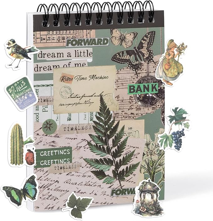 RISYPISY Pre-Cut Vintage Washi Journaling Sticker Book for Scrapbooking, 476PCS Green Scrapbooking Supplies, Ephemera for Junk Journal Supplies Crafts Arts, Dark Academia Stickers for journaling
