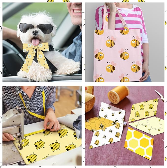 20 Pcs 10''x10'' Bee Quilting Fabric Square Bundle Honeycomb Daisy Gnomes Precuts Quilted Fabric Yellow Printed Patchwork Supplies for Holiday Summer Patchwork DIY Sewing Crafts