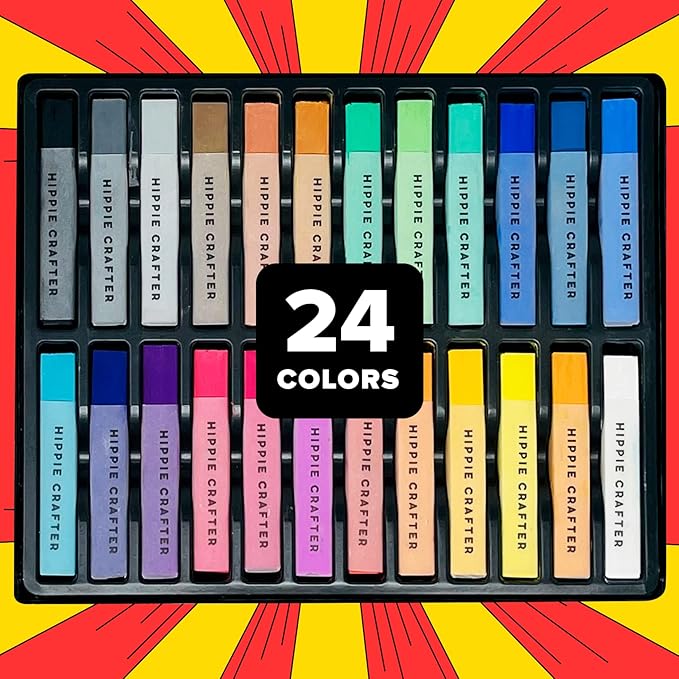 HIPPIE CRAFTER Art Supplies Set of 24 Soft Chalk Pastels, Non-Toxic, Oil-Free, Assorted Colors, Blendable, for Adults, Includes Storage Case