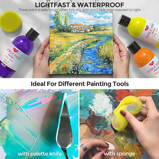 18 Colors Large Acrylic Paint Set (8.45 oz, 250 ml), Bulk Acrylic Paint Non-Toxic Art Painting Supplies on Multi Surface Canvas Wood Craft Fabric Rock for Artist Beginner with Color Wheel