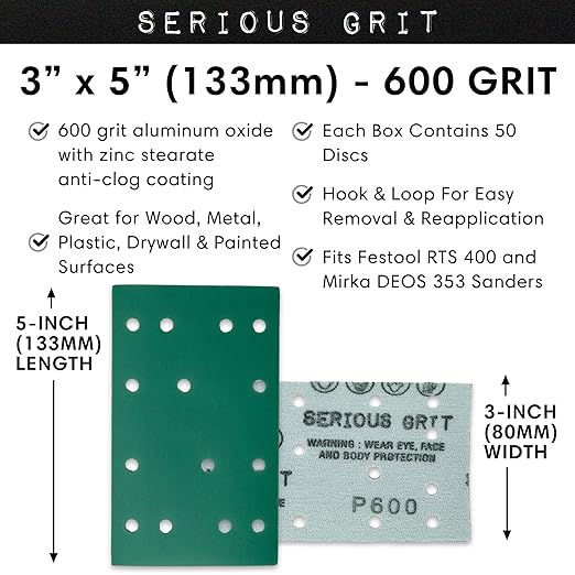 Serious Grit - 3" x 5" (80mm x 133mm) 14-Hole 600 Grit Sanding Sheets - Fits Festool RTS 400 & Mirka Deos 353 - Heavy-Duty Hook & Loop Film Abrasives - Sandpaper for Sheet Sanders - 50 Pack Box