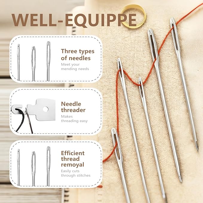 37Pcs Sewing Tool Set, 2026 New Big Eye Steel Sewing Needle Kit, Threader and Needle Repair Kit Stainless Steel Needles for Hand Sewing,Punch Needle Kit Repair Tools for Beginners & Daily Use