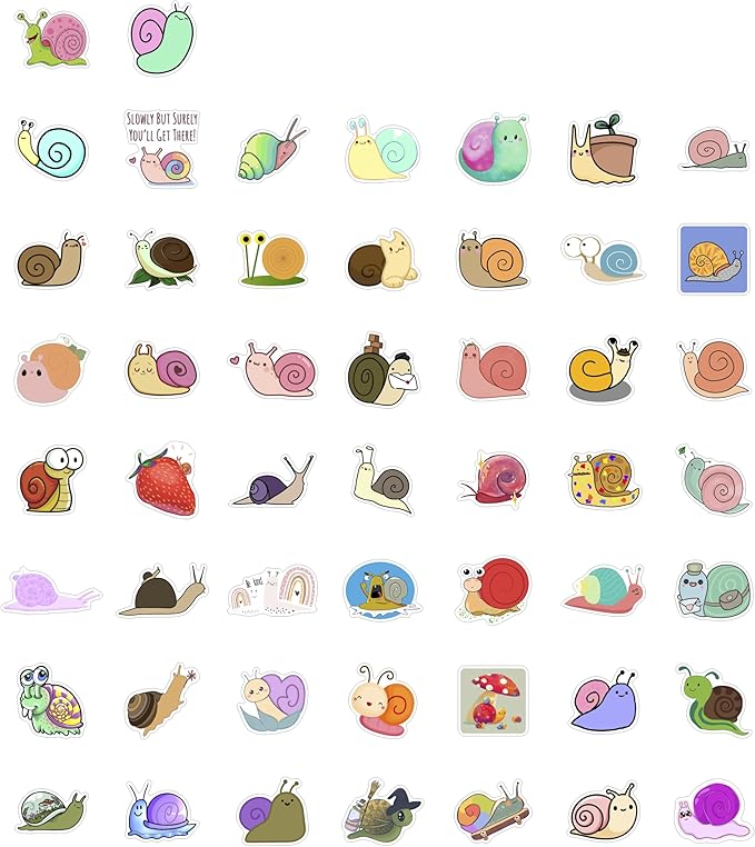 BulbaCraft 100Pcs Snail Stickers for Water Bottle and Laptop - Snail Party Supplies & Decorations, Waterproof Vinyl Decals, Cute Animal and Nature Stickers, Gifts for Women & Men
