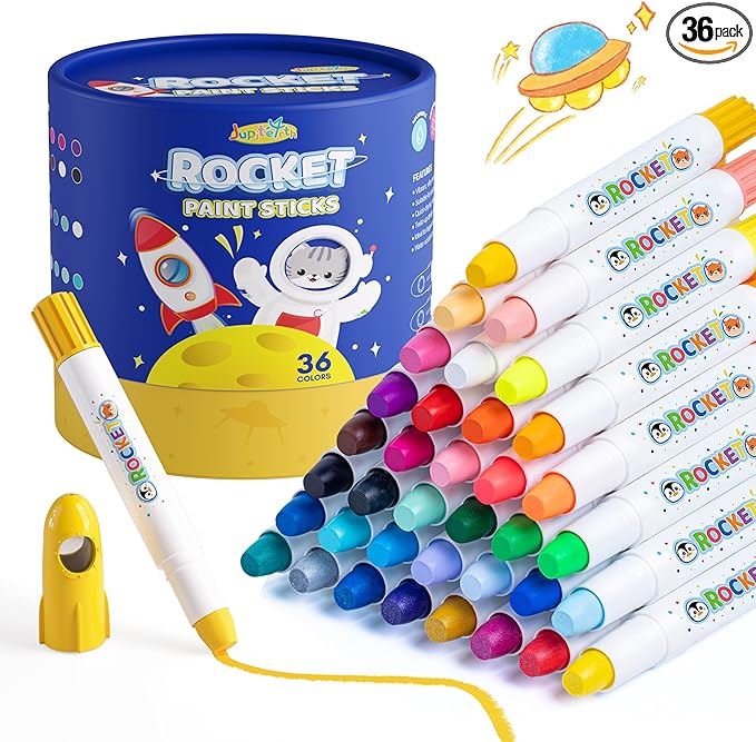 JUPITEARTH 36 Colors Tempera Paint Sticks, Washable Rocket Paint Sticks for Kids, Non-Toxic and Quick Drying
