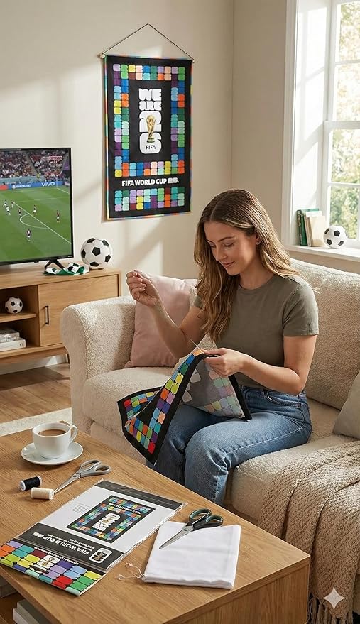 Northcott FIFA World Cup DIY Fabric Wall Hanging Kit – Soccer Fan Sewing Craft Project – Includes 28" x 43" Fabric Panel, Backing, Binding & Instructions – Create a 27" x 40" Handmade Wall Art Décor