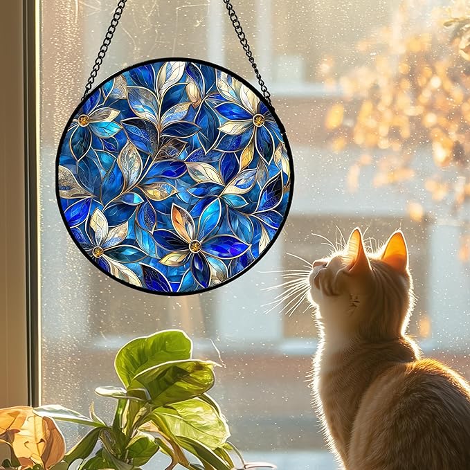 Stained Glass Window Hanging - Blue Gold Abstract Flowers Suncatcher for Door Terrace Garden Home Decor, Plant Sun Catcher Birthday Gifts for Lovers Women Men Dad Mom Nana 6.3 in