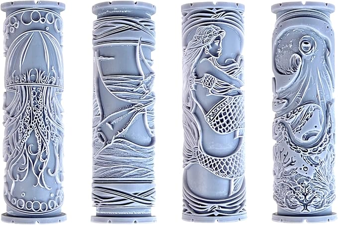 Deepwater Collection Clay Texture Rollers 4-Pack (4") - Ocean Set #01 - Embossing Pattern Rollers for Polymer & Ceramic Clay, Pottery & Crafts