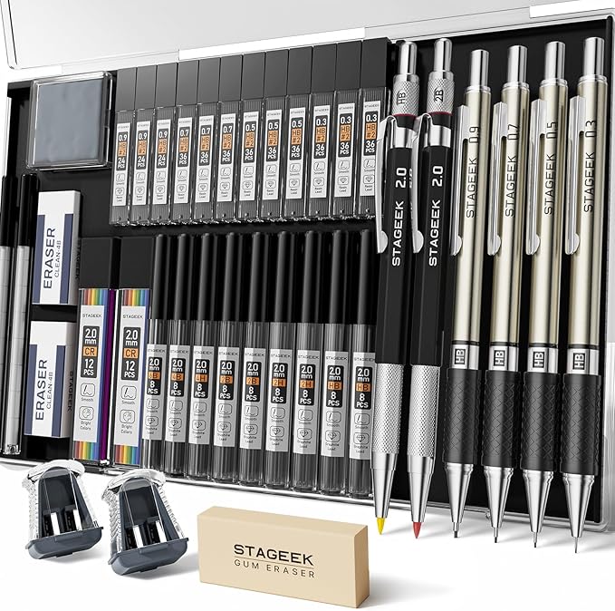 Mechanical Pencil Set with Case 37 Count, Drawing Pencils 0.3, 0.5, 0.7, 0.9MM & 2PCS 2MM Sketching Pencils with 492PCS Lead Refills (6B 4B 2B HB 2H 4H Color) for Artist Drafting Drawing