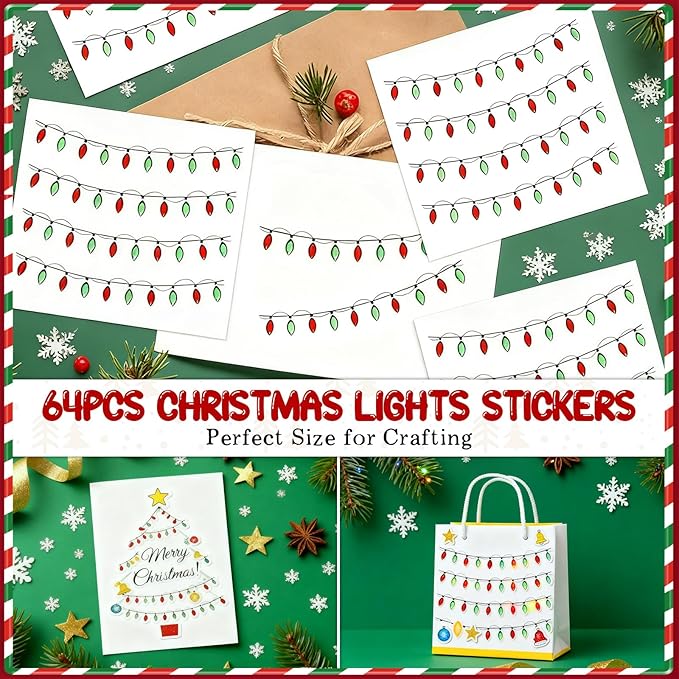 2026 Christmas Lights Stickers for Crafts, 64PCS Christmas Light Embellishment, 3D Gemstone Border Sticker, Lights Glitter Adhesive Decals for Xmas Crafts Scrapbooks Decoration