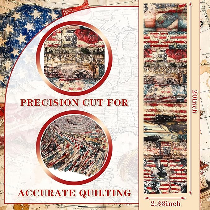 Ganeen 100 Pcs Patriotic Quilting Fabric Roll Vintage 4th of July 2.56 Inch Fabric Squares Jelly Patchwork Precut Strips Bundles for Memorial Day Holiday Materials Craft DIY Sewing Cloths