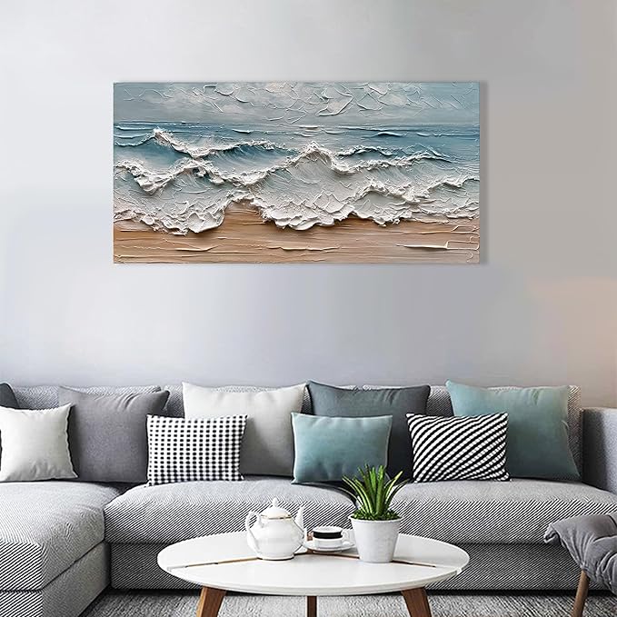 Art 24x48 inches Hand-Painted Sea Wave Beach Landscape Oil Painting Modern Abstract Canvas Art Large Oil Painting Home Office Wall Decoration