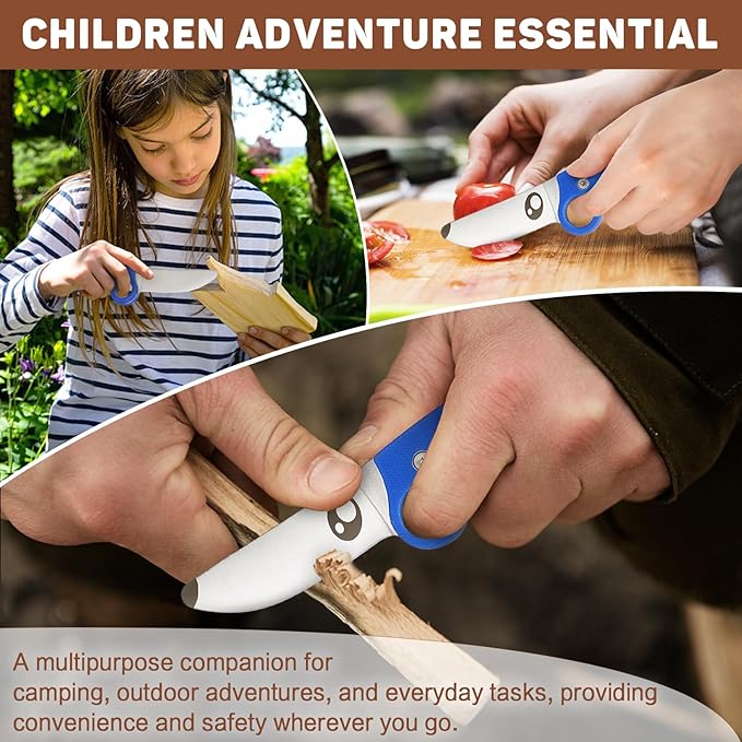 Kids Knife Boy Scout Knife with Educational Ring & Sheath & Rounded Tip - Whittling Knife Blue G10 Handle for Boys/Girls First Сamping Cutting